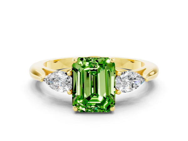 Yellow gold Three-Stone Emerald Cut Cut Diamond Ring with Pear Side Stones in Four-Prong Setting