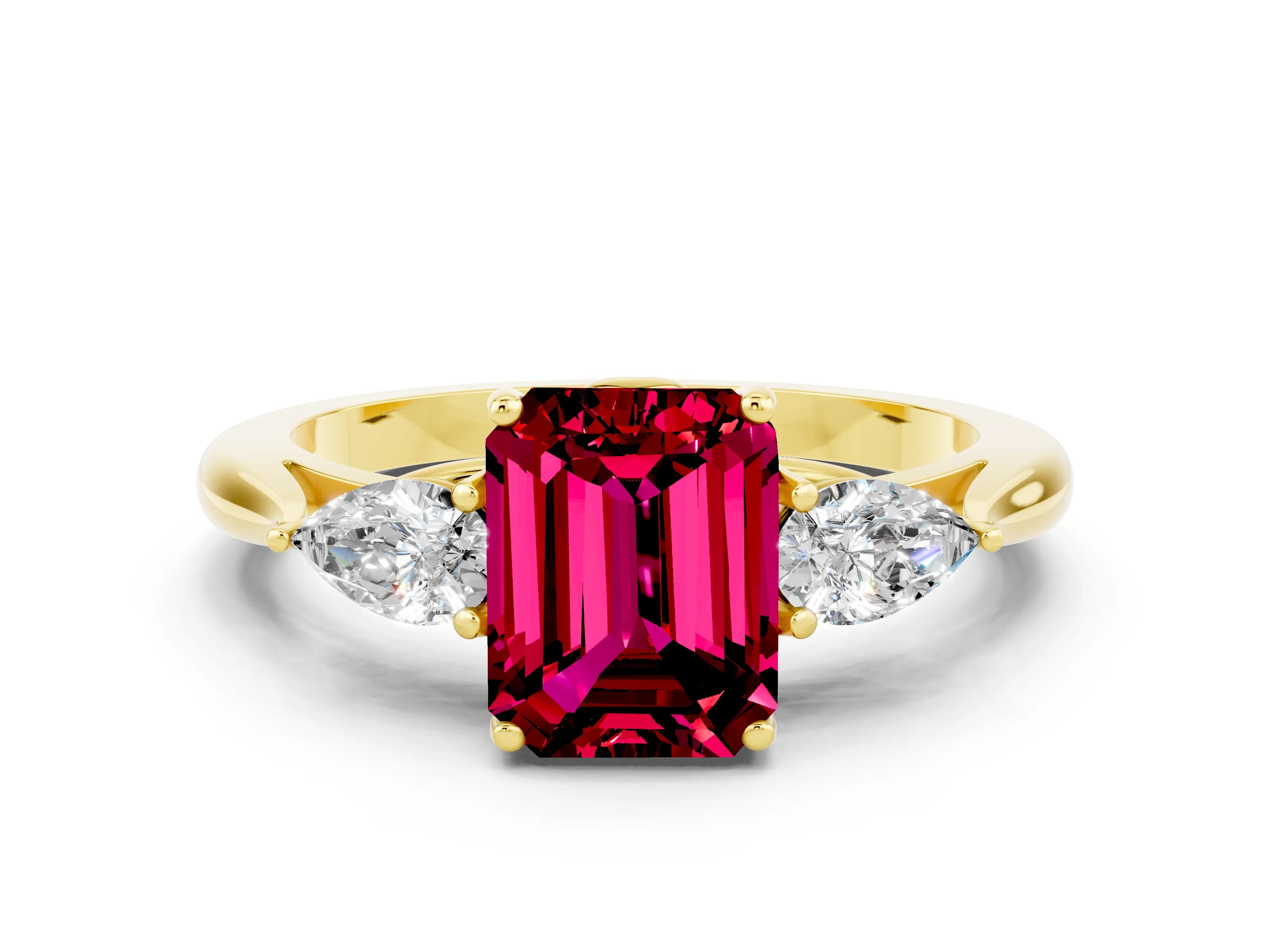 Yellow gold Three-Stone Emerald Cut Cut Diamond Ring with Pear Side Stones in Four-Prong Setting