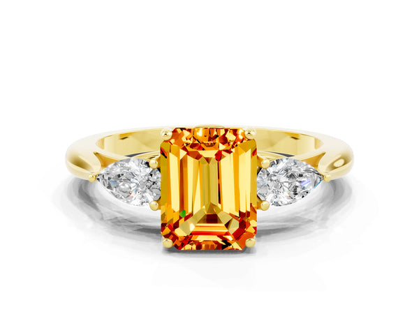 Yellow gold Three-Stone Emerald Cut Citrine Ring with Pear  Side Stones in Four-Prong Setting
