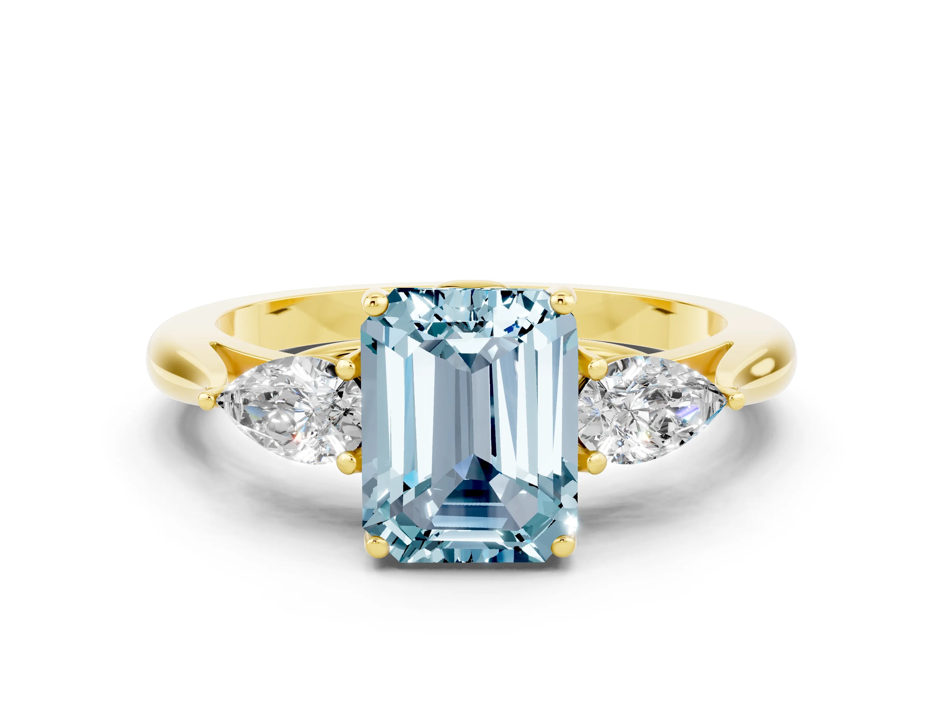 Yellow gold Three-Stone Emerald Cut Cut Diamond Ring with Pear Side Stones in Four-Prong Setting