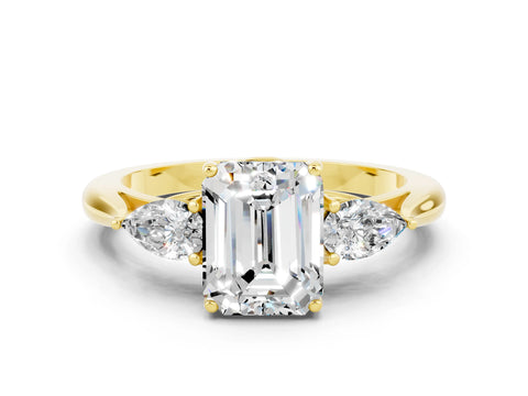 Yellow gold Three-Stone Emerald Cut Cut Diamond Ring with Pear Side Stones in Four-Prong Setting
