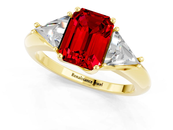 Yellow gold Three-Stone Emerald Cut Cut Diamond Ring with Trillion Side Stones and Four-Prong Setting