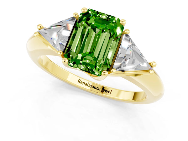 Yellow gold Three-Stone Emerald Cut Cut Diamond Ring with Trillion Side Stones and Four-Prong Setting