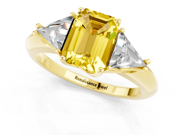Yellow gold Three-Stone Emerald Cut Yellow Sapphire Engagement Ring with Trillion Side Stones and Prong Setting