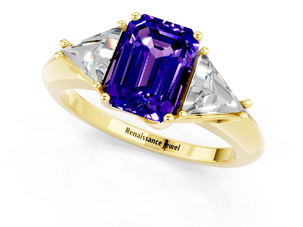Yellow gold Three-Stone Emerald Cut Tanzanite Engagement Ring with Trillion Side Stones and Prong Setting