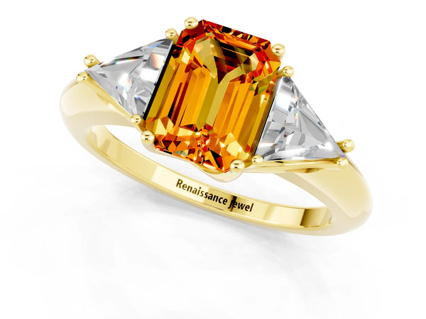 Yellow gold Three-Stone Emerald Cut Citrine Engagement Ring with Trillion Side Stones and Prong Setting