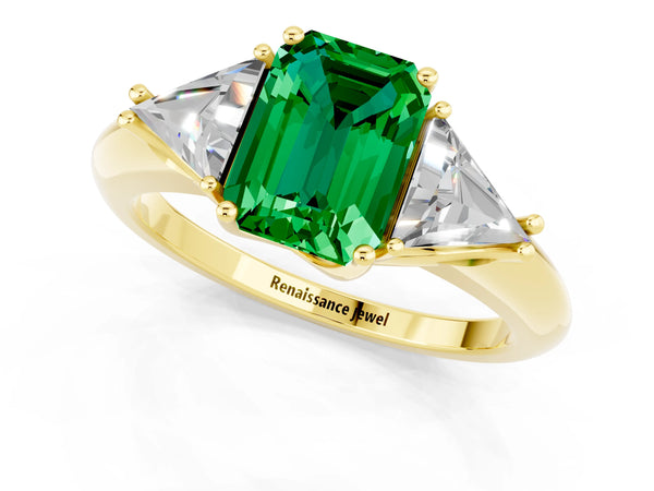 Yellow gold Three-Stone Emerald Cut Emerald Engagement Ring with Trillion Side Stones and Prong Setting