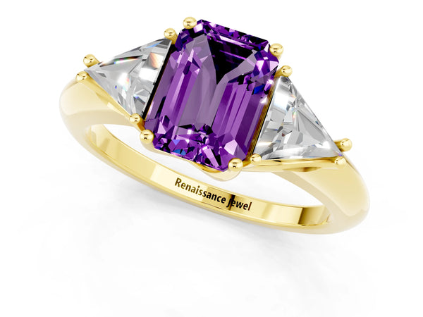 Yellow gold Three-Stone Emerald Cut Amethyst Engagement Ring with Trillion Side Stones and Prong Setting
