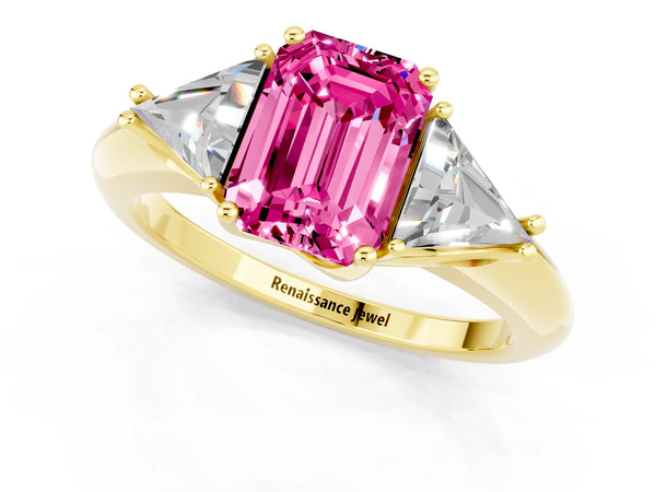 Yellow gold Three-Stone Emerald Cut Pink Sapphire Engagement Ring with Trillion Side Stones and Prong Setting