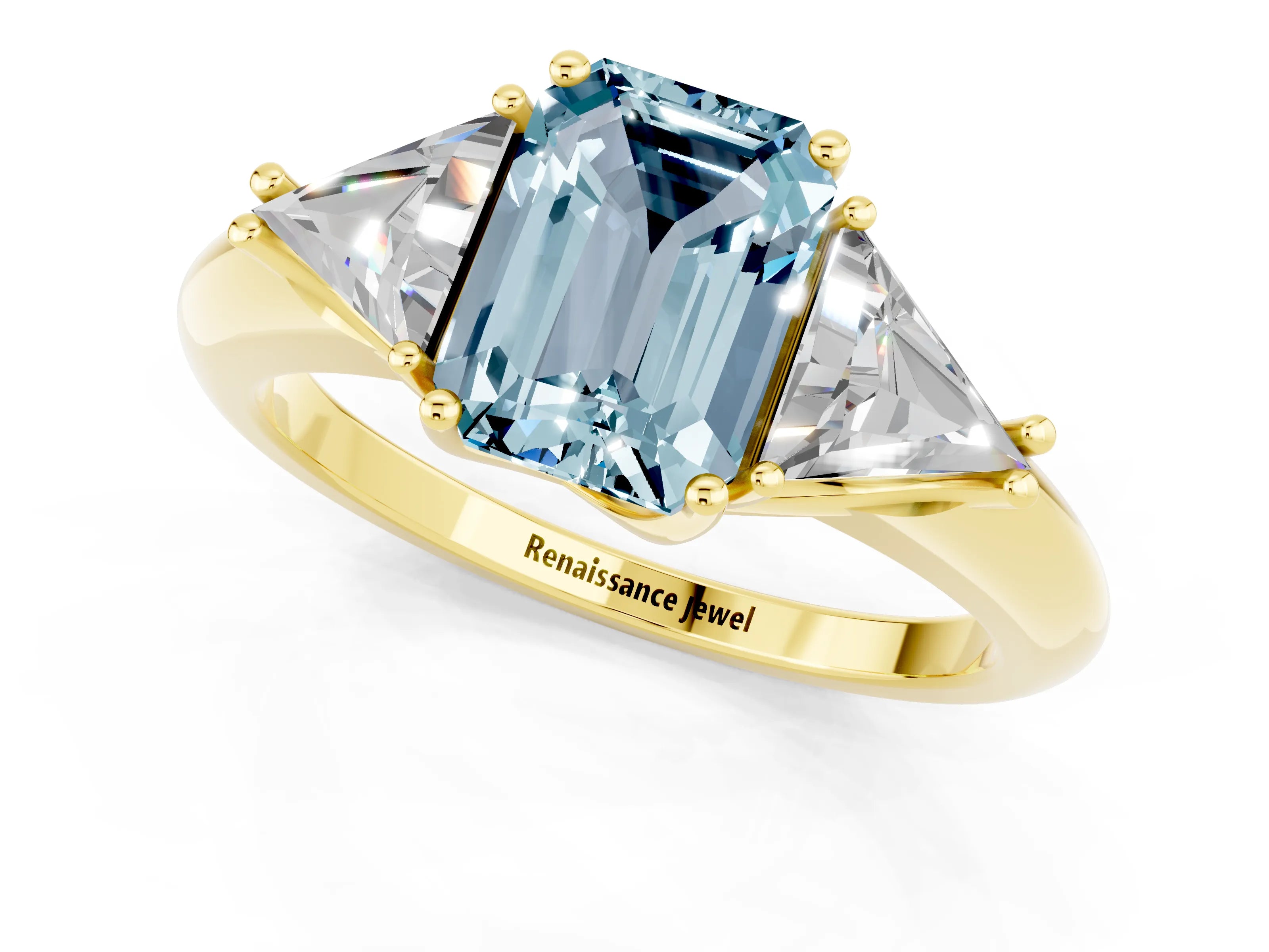 Yellow gold Three-Stone Emerald Cut Cut Diamond Ring with Trillion Side Stones and Four-Prong Setting_1