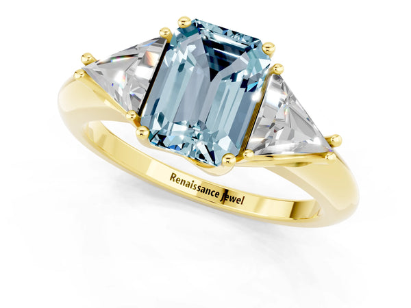 Yellow gold Three-Stone Emerald Cut Aquamarine Engagement Ring with Trillion Side Stones and Prong Setting