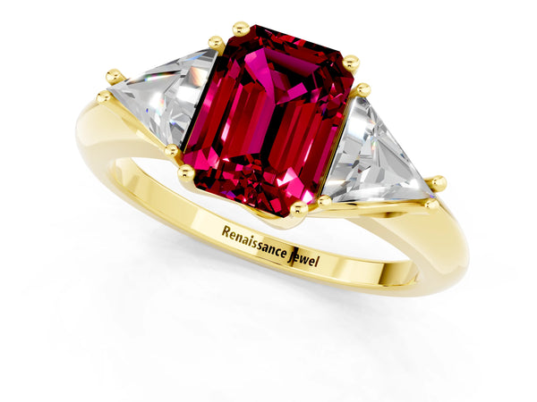 Yellow gold Three-Stone Emerald Cut Garnet Engagement Ring with Trillion Side Stones and Prong Setting