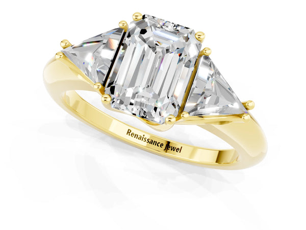 Yellow gold Three-Stone Emerald Cut Moissanite Engagement Ring with Trillion Side Stones and Prong Setting