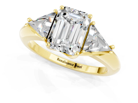 Yellow gold Three-Stone Emerald Cut Cut Diamond Ring with Trillion Side Stones and Four-Prong Setting_1