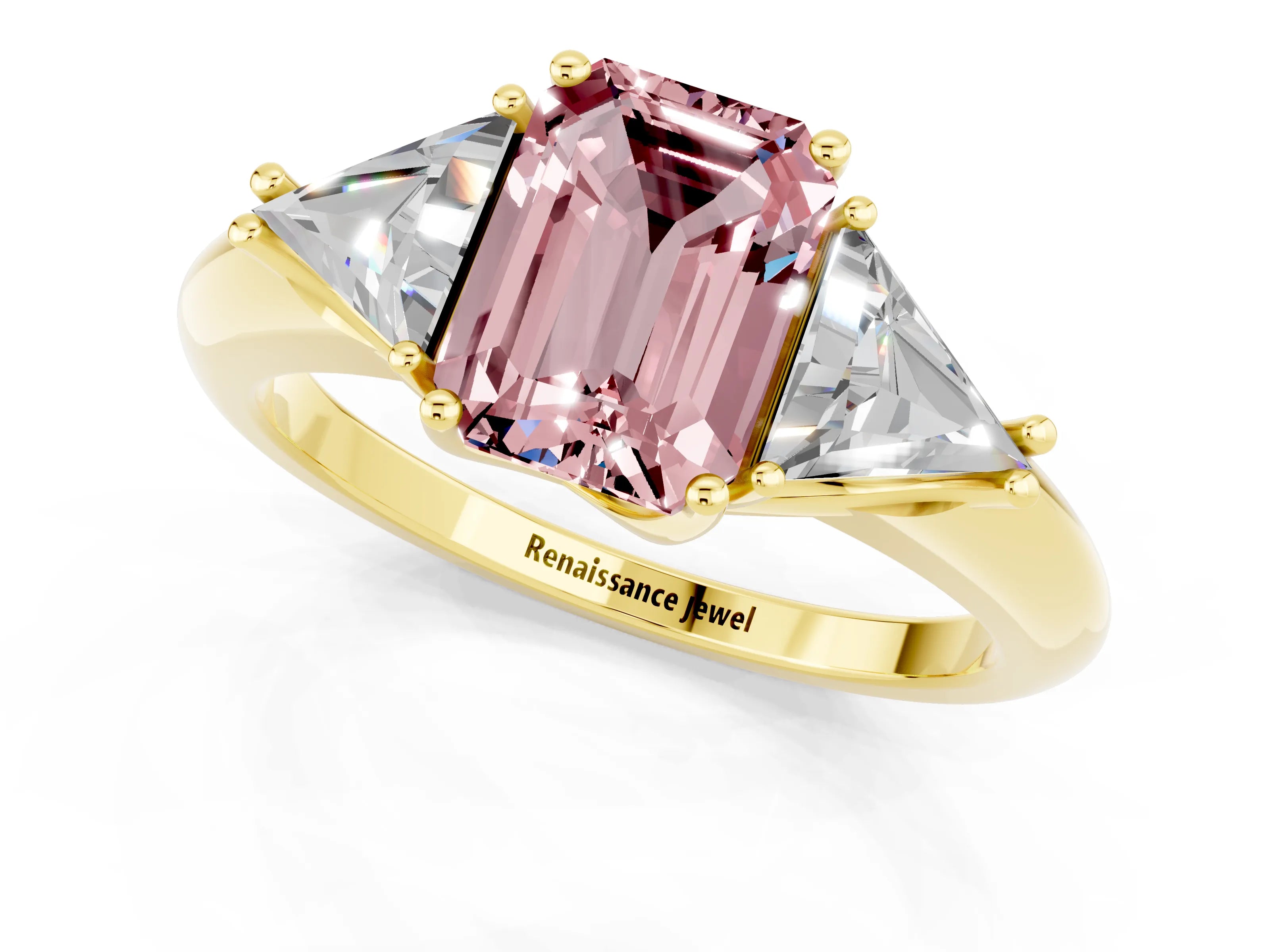 Yellow gold Three-Stone Emerald Cut Cut Diamond Ring with Trillion Side Stones and Four-Prong Setting_1