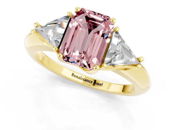 Yellow gold Three-Stone Emerald Cut Cut Diamond Ring with Trillion Side Stones and Four-Prong Setting