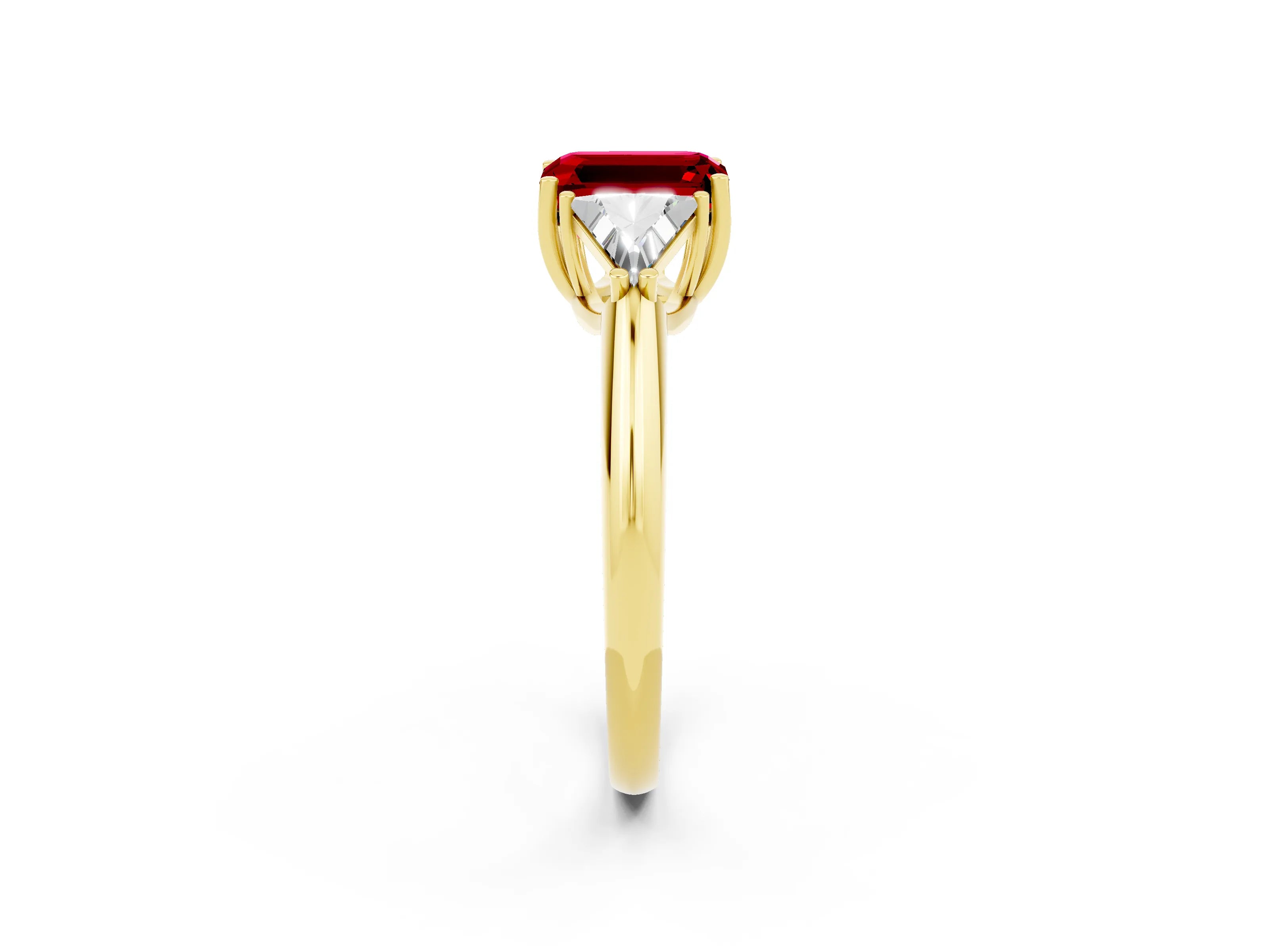 Yellow gold Three-Stone Emerald Cut Cut Diamond Ring with Trillion Side Stones and Four-Prong Setting_2
