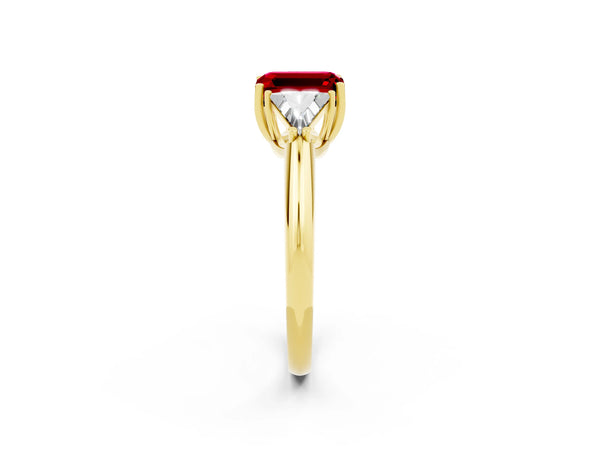 Yellow gold Three-Stone Emerald Cut Cut Diamond Ring with Trillion Side Stones and Four-Prong Setting