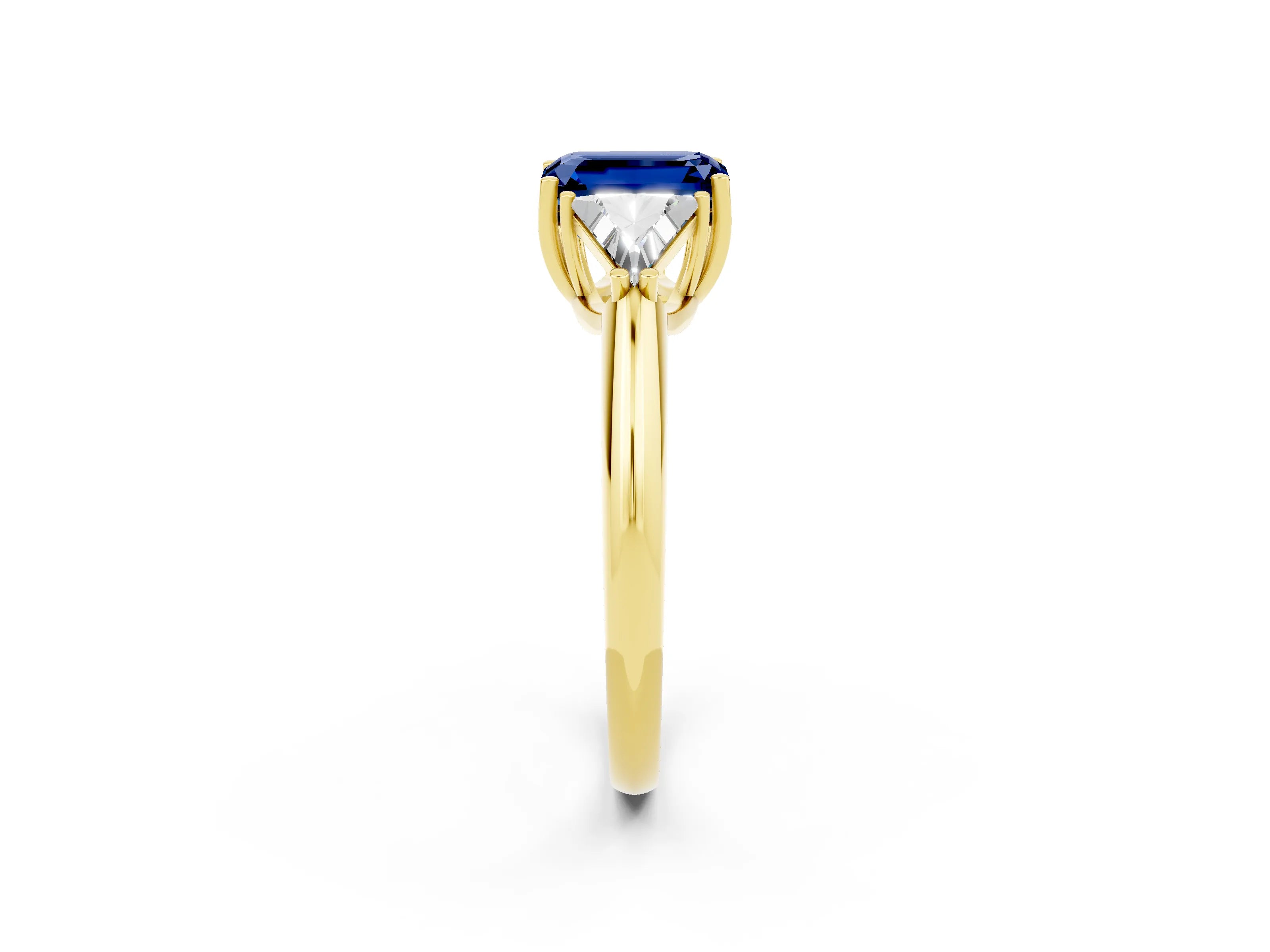 Yellow gold Three-Stone Emerald Cut Cut Diamond Ring with Trillion Side Stones and Four-Prong Setting_2