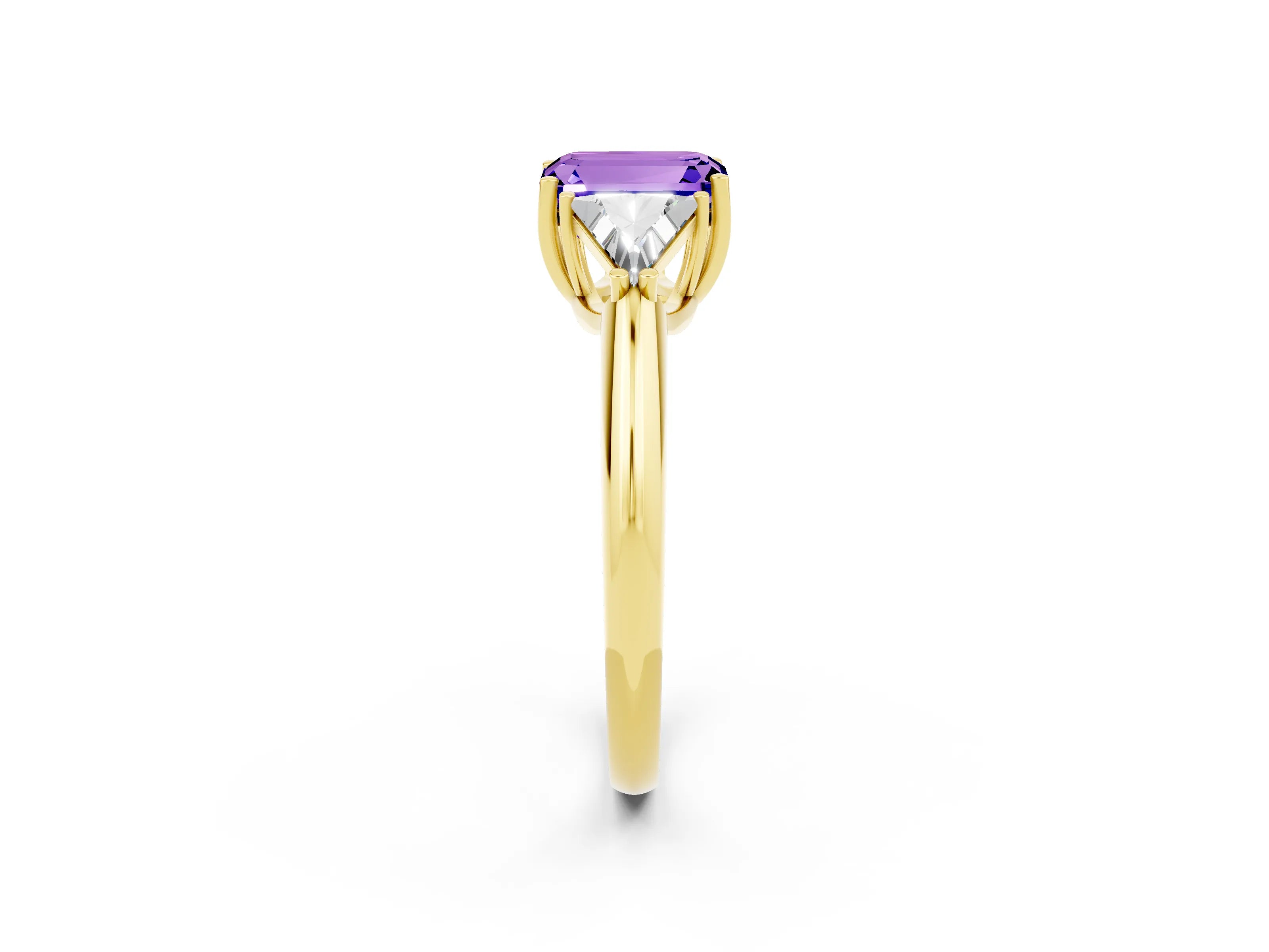 Yellow gold Three-Stone Emerald Cut Cut Diamond Ring with Trillion Side Stones and Four-Prong Setting_2