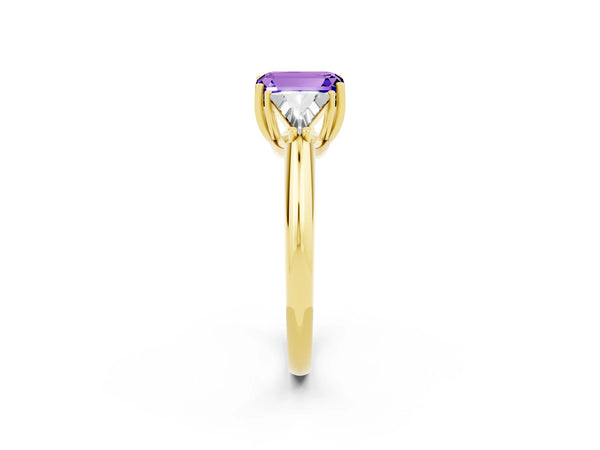Yellow gold Three-Stone Emerald Cut Tanzanite Engagement Ring with Trillion Side Stones and Prong Setting