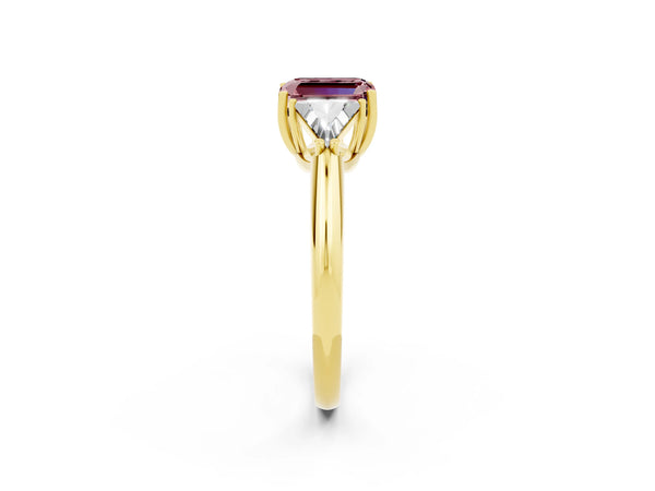 Yellow gold Three-Stone Emerald Cut Cut Diamond Ring with Trillion Side Stones and Four-Prong Setting