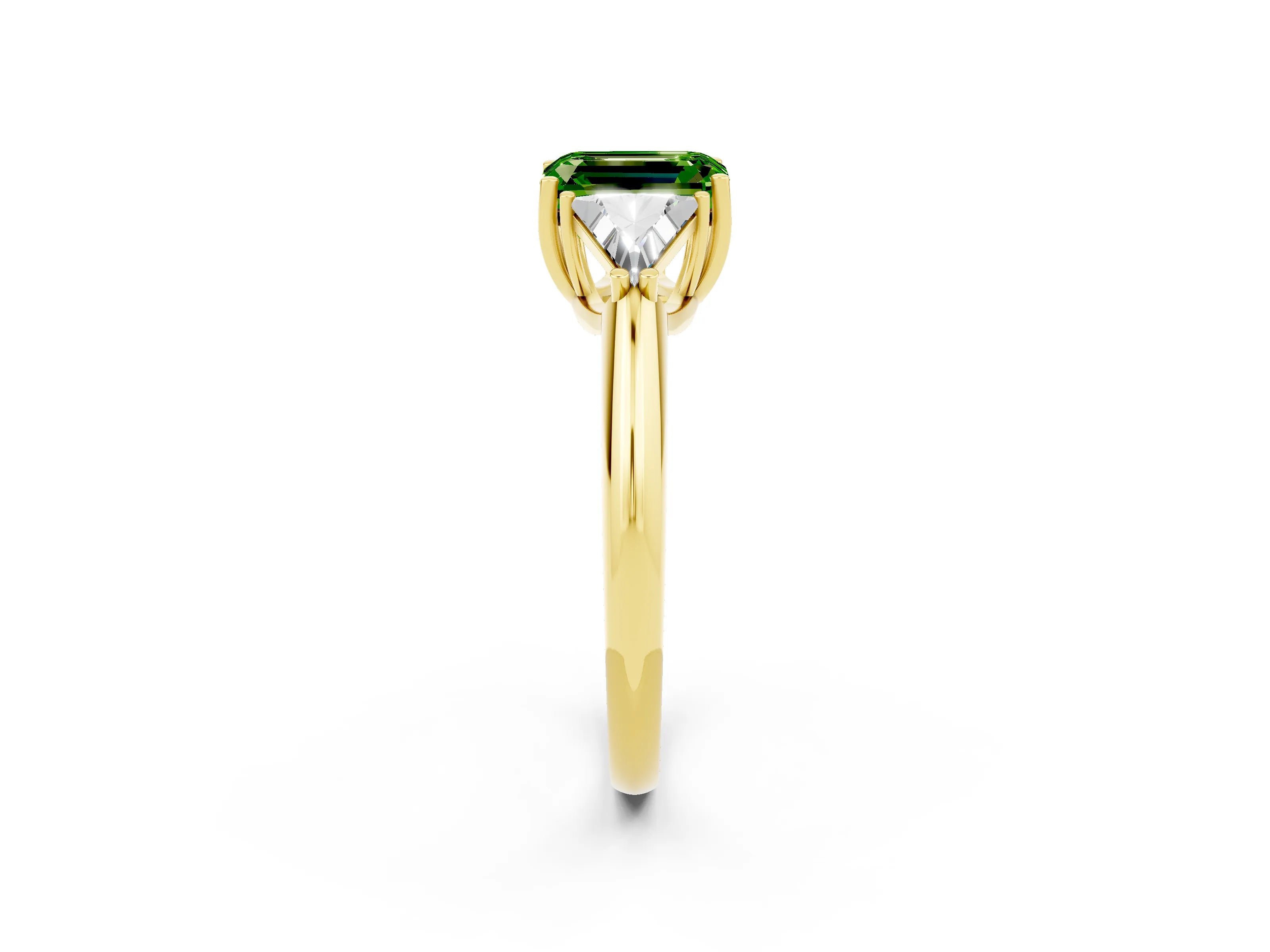 Yellow gold Three-Stone Emerald Cut Cut Diamond Ring with Trillion Side Stones and Four-Prong Setting_2