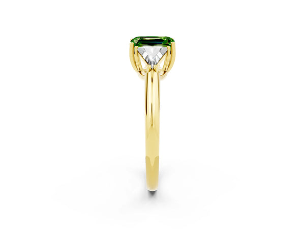 Yellow gold Three-Stone Emerald Cut Cut Diamond Ring with Trillion Side Stones and Four-Prong Setting