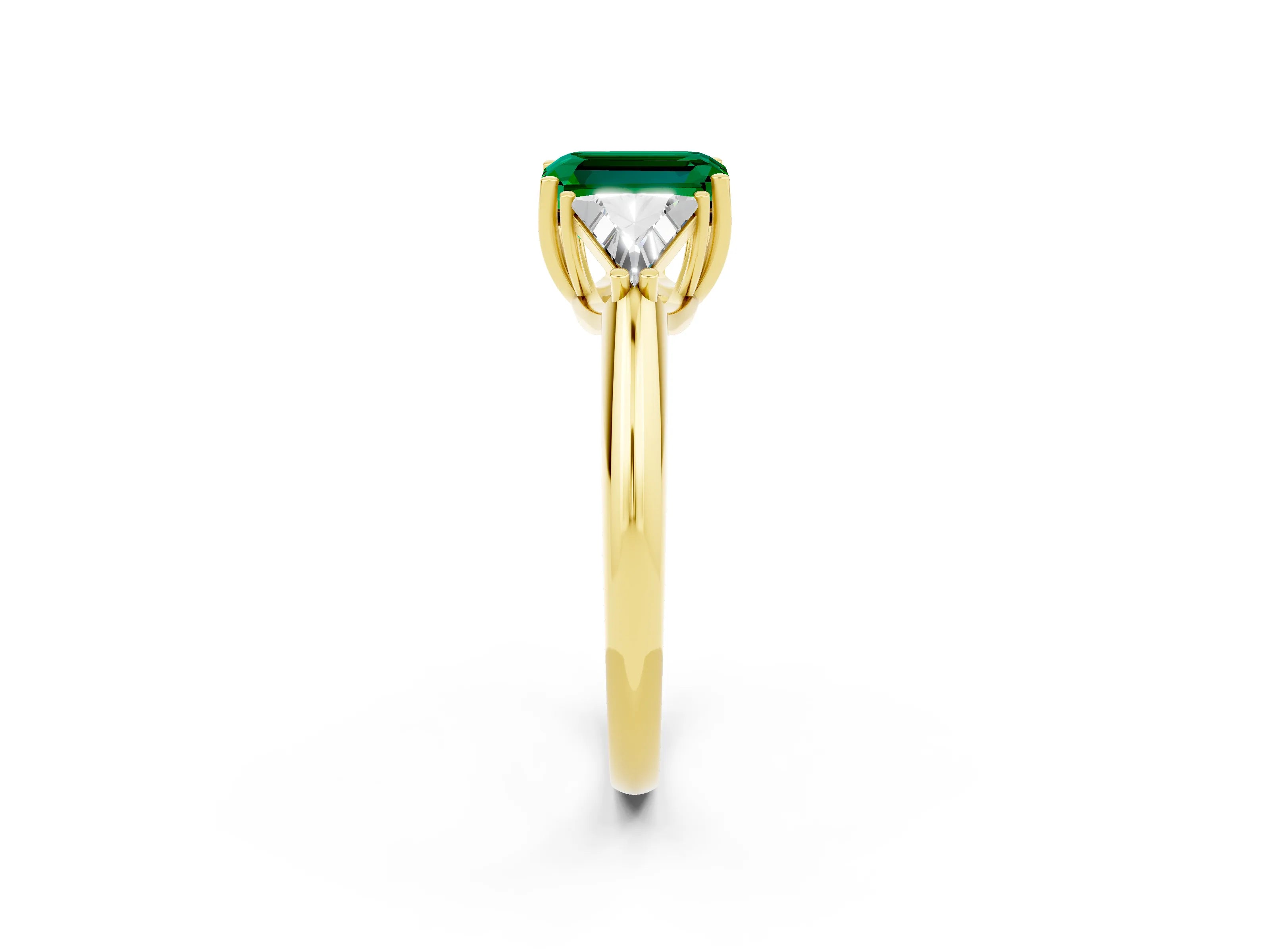 Yellow gold Three-Stone Emerald Cut Cut Diamond Ring with Trillion Side Stones and Four-Prong Setting_2