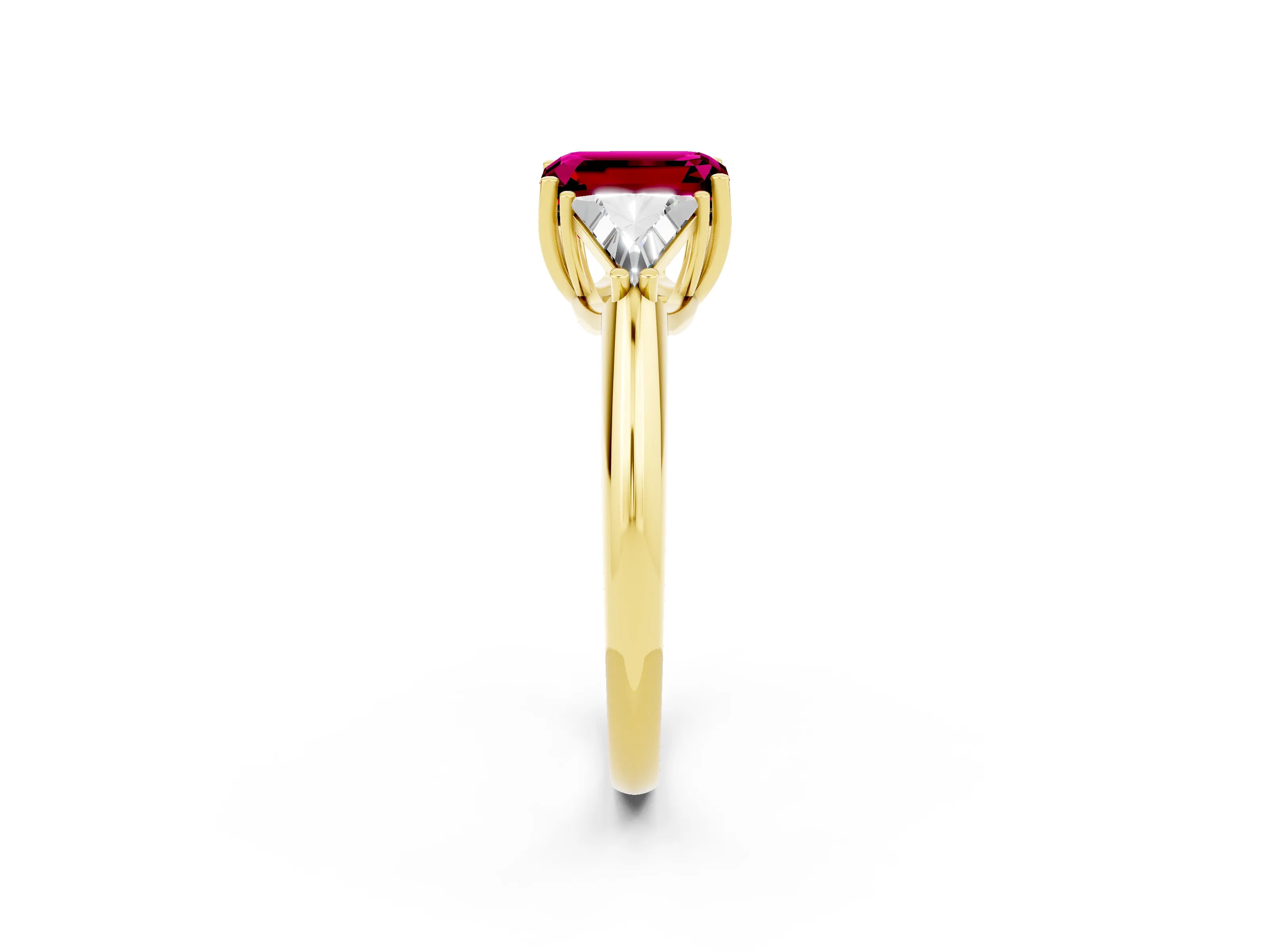 Yellow gold Three-Stone Emerald Cut Cut Diamond Ring with Trillion Side Stones and Four-Prong Setting_2