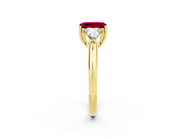 Yellow gold Three-Stone Emerald Cut Garnet Engagement Ring with Trillion Side Stones and Prong Setting