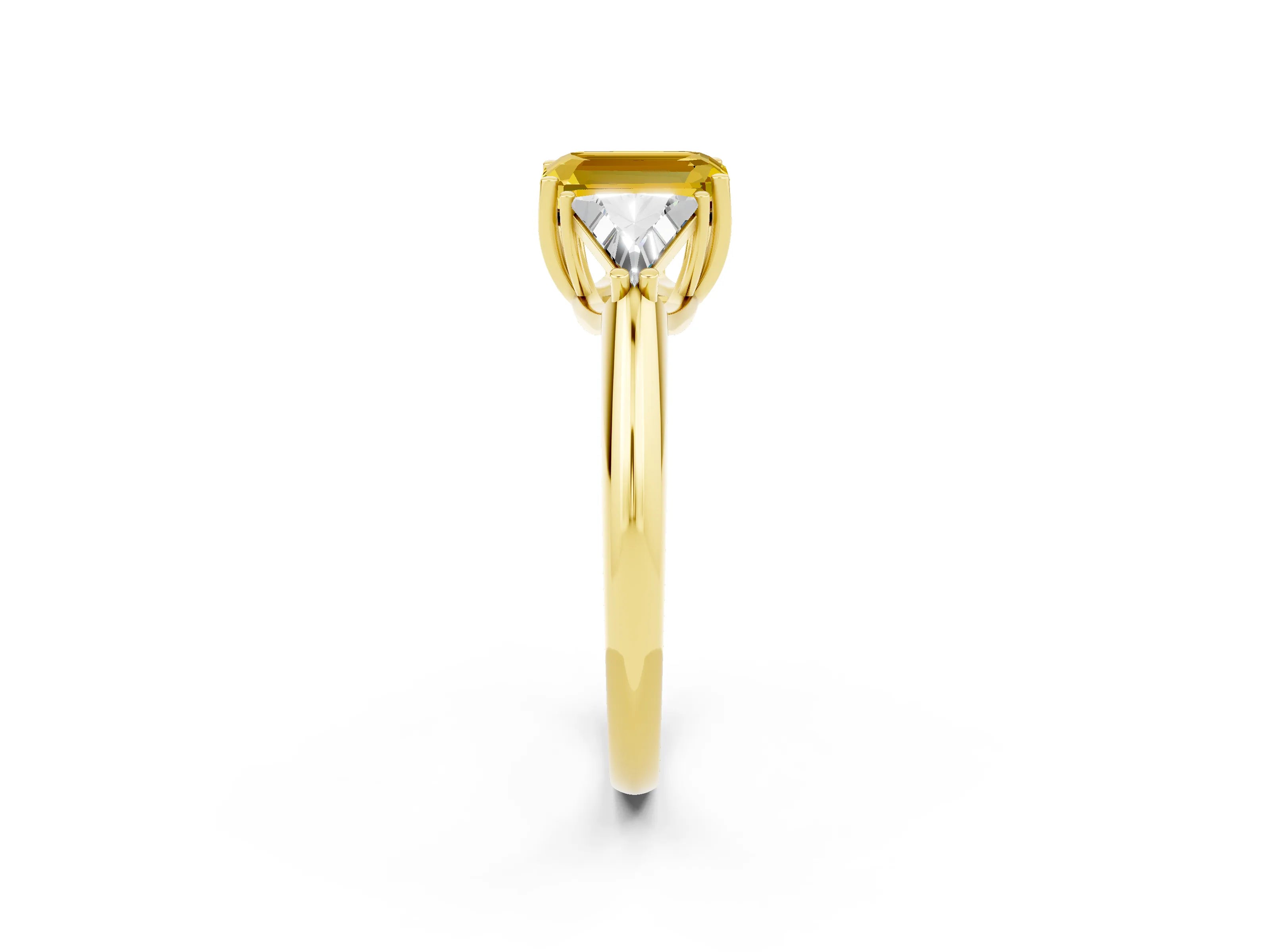 Yellow gold Three-Stone Emerald Cut Cut Diamond Ring with Trillion Side Stones and Four-Prong Setting_2