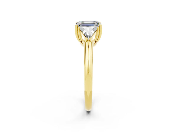 Yellow gold Three-Stone Emerald Cut Moissanite Engagement Ring with Trillion Side Stones and Prong Setting
