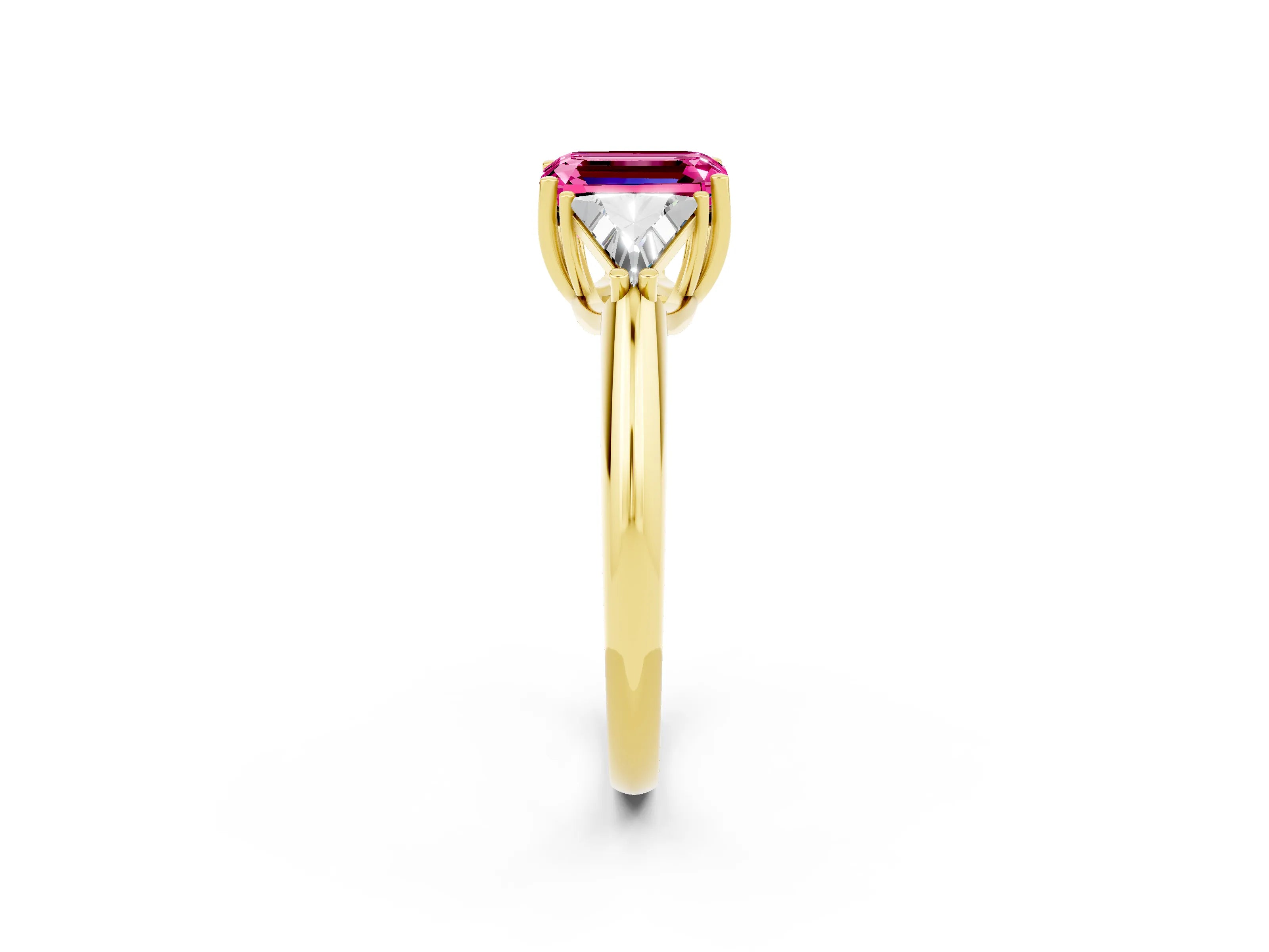 Yellow gold Three-Stone Emerald Cut Cut Diamond Ring with Trillion Side Stones and Four-Prong Setting_2