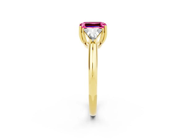 Yellow gold Three-Stone Emerald Cut Pink Sapphire Engagement Ring with Trillion Side Stones and Prong Setting