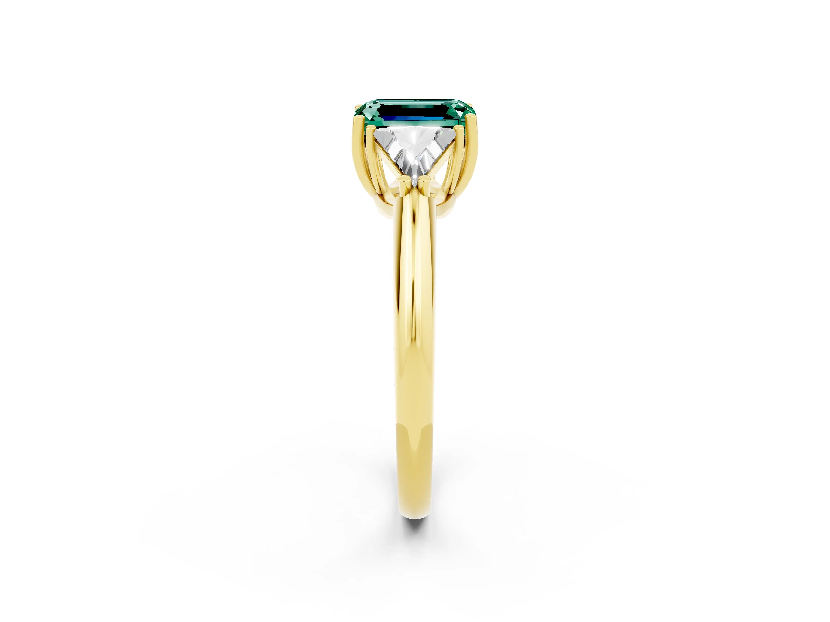 Yellow gold Three-Stone Emerald Cut Cut Diamond Ring with Trillion Side Stones and Four-Prong Setting_2