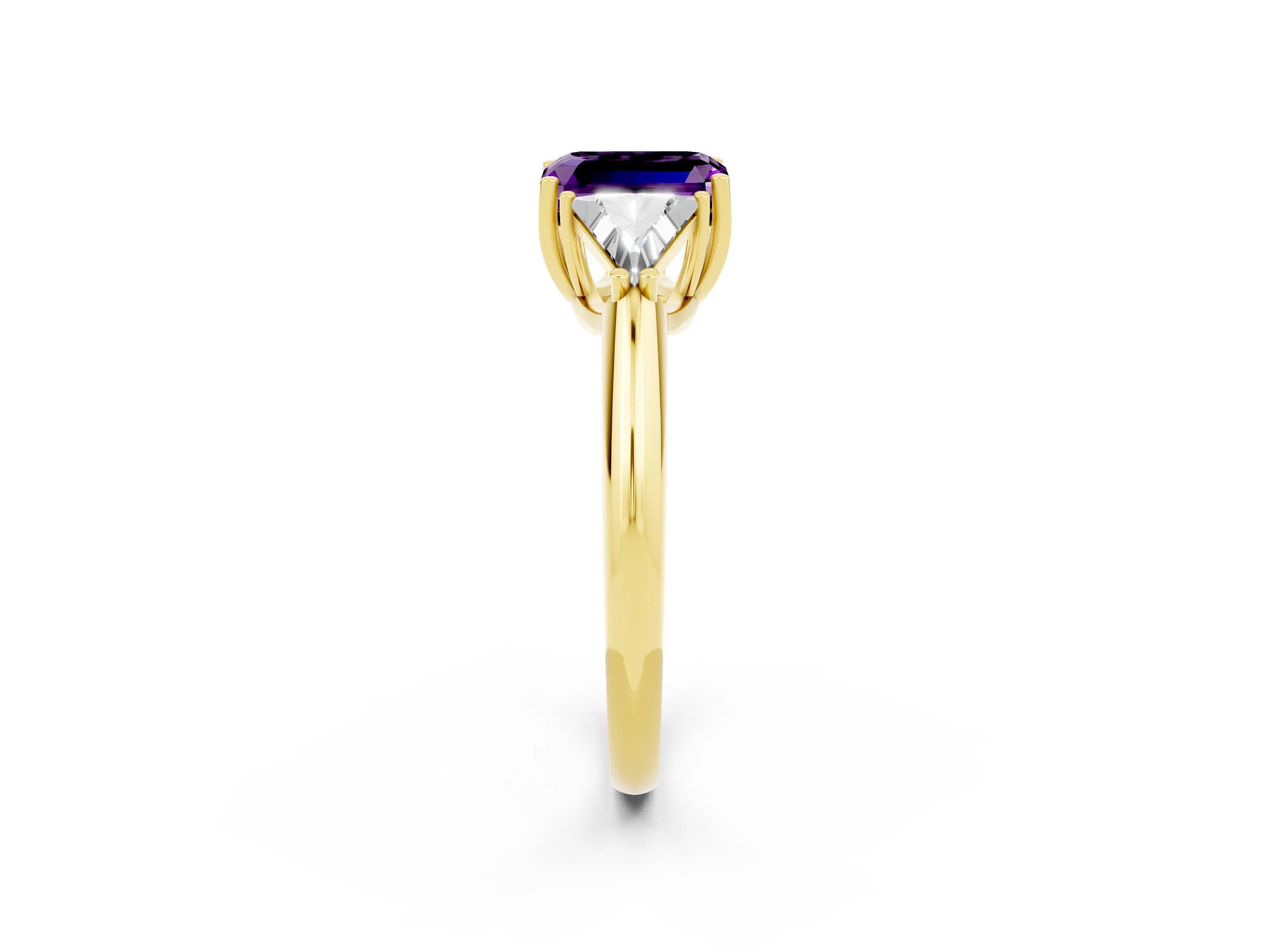 Yellow gold Three-Stone Emerald Cut Cut Diamond Ring with Trillion Side Stones and Four-Prong Setting_2