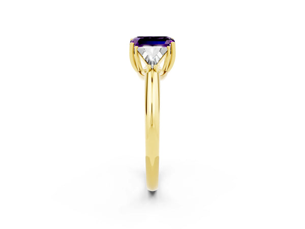 Yellow gold Three-Stone Emerald Cut Amethyst Engagement Ring with Trillion Side Stones and Prong Setting