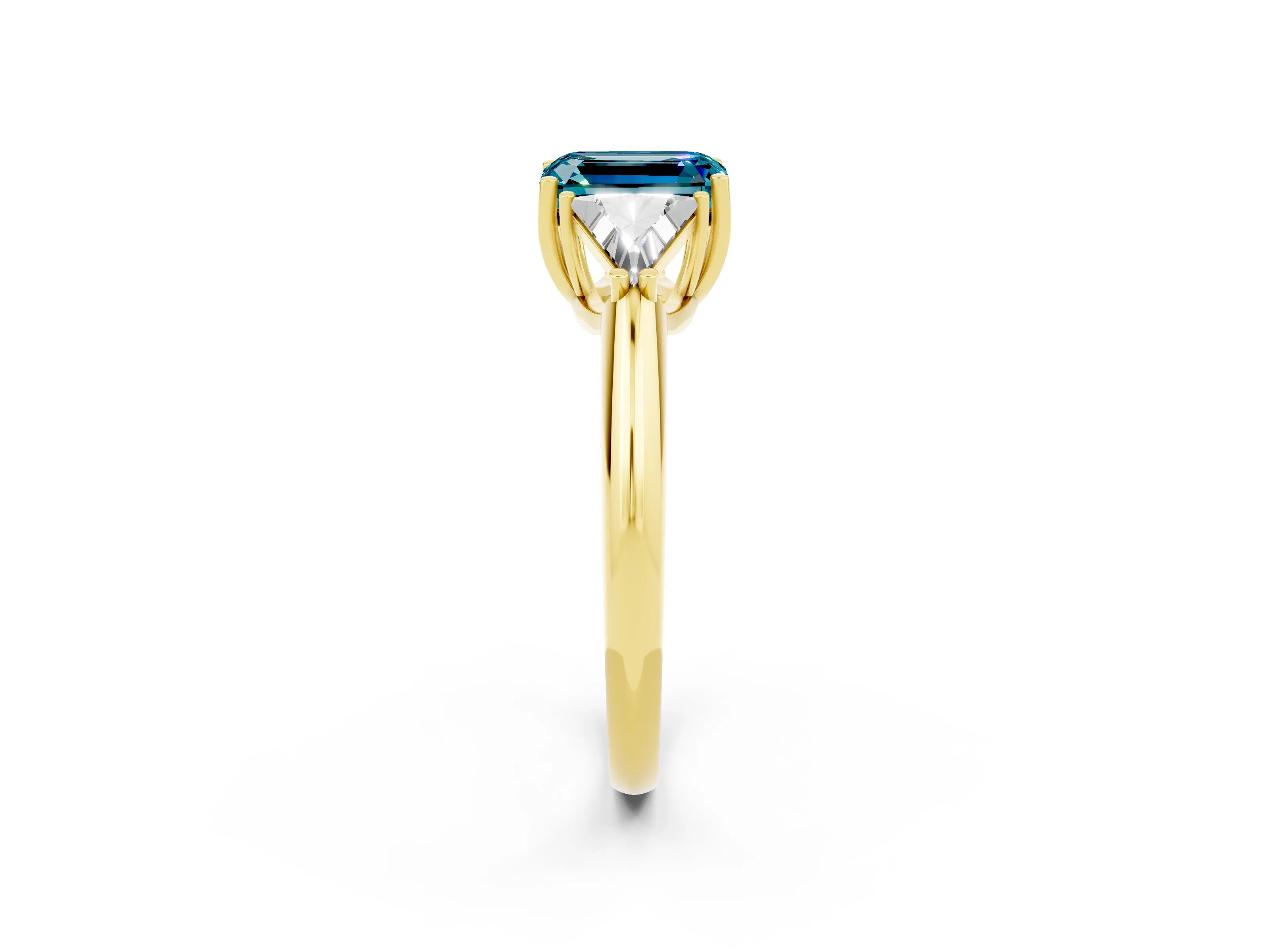 Yellow gold Three-Stone Emerald Cut Cut Diamond Ring with Trillion Side Stones and Four-Prong Setting_2