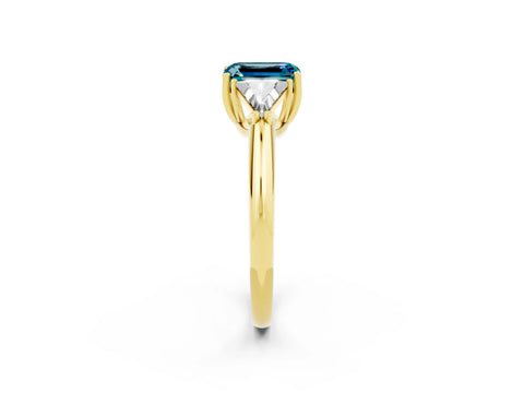 Yellow gold Three-Stone Emerald Cut Cut Diamond Ring with Trillion Side Stones and Four-Prong Setting_2