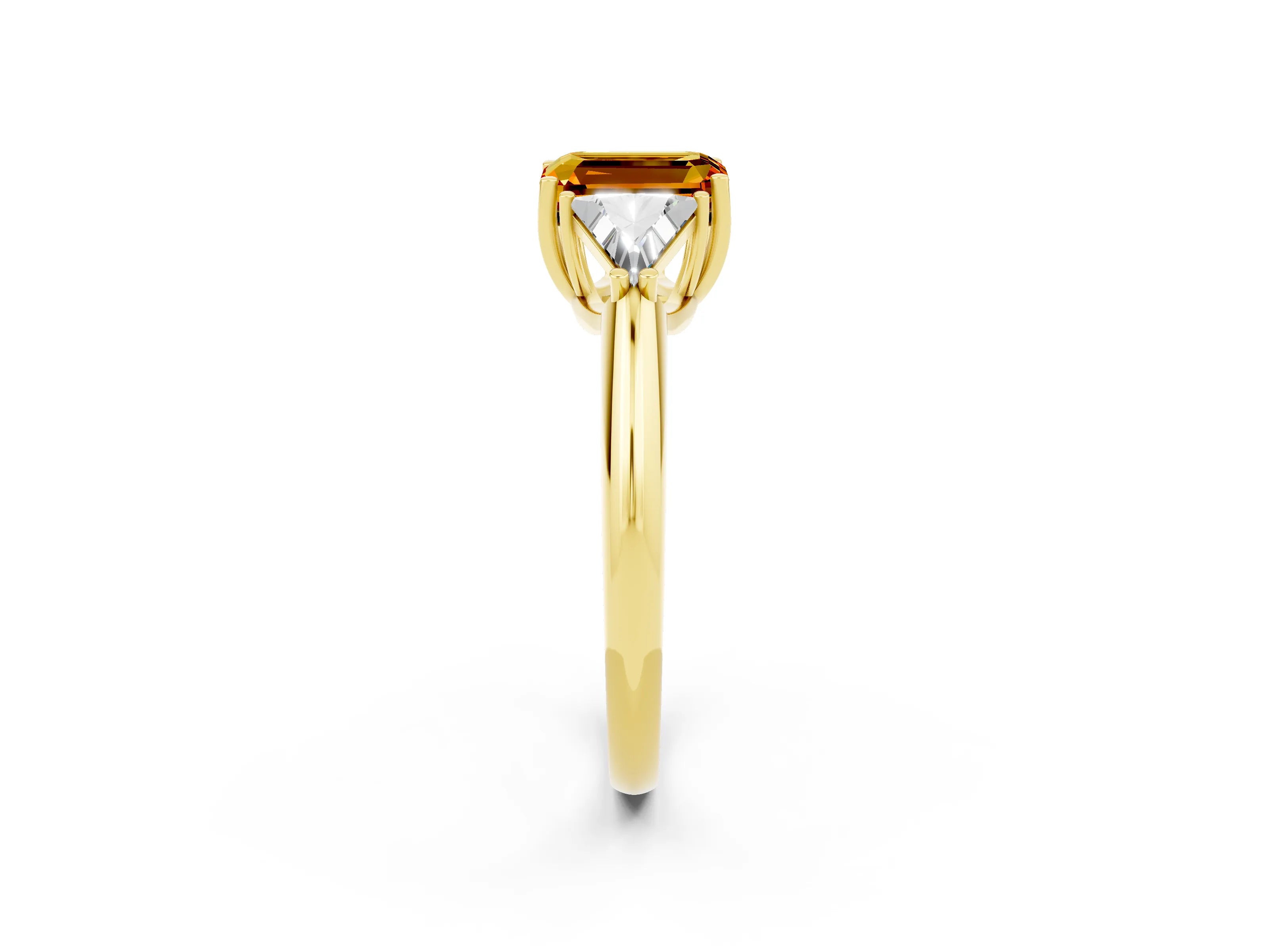 Yellow gold Three-Stone Emerald Cut Cut Diamond Ring with Trillion Side Stones and Four-Prong Setting_2