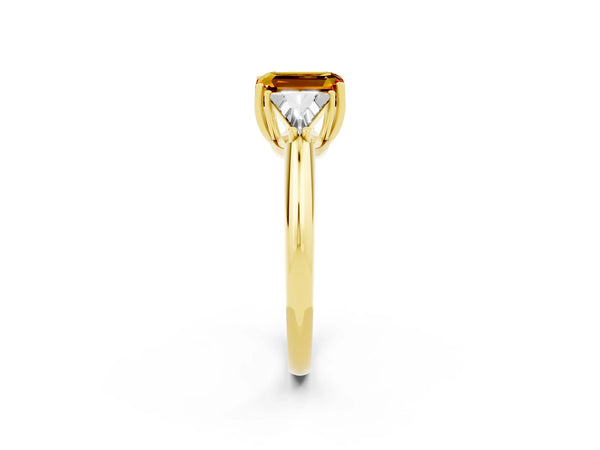 Yellow gold Three-Stone Emerald Cut Citrine Engagement Ring with Trillion Side Stones and Prong Setting