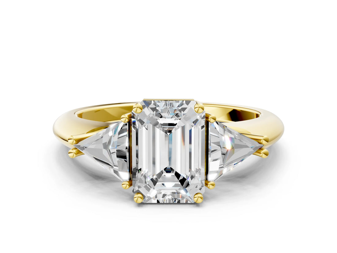 Yellow gold Three-Stone Emerald Cut Cut Diamond Ring with Trillion Side Stones and Four-Prong Setting_3