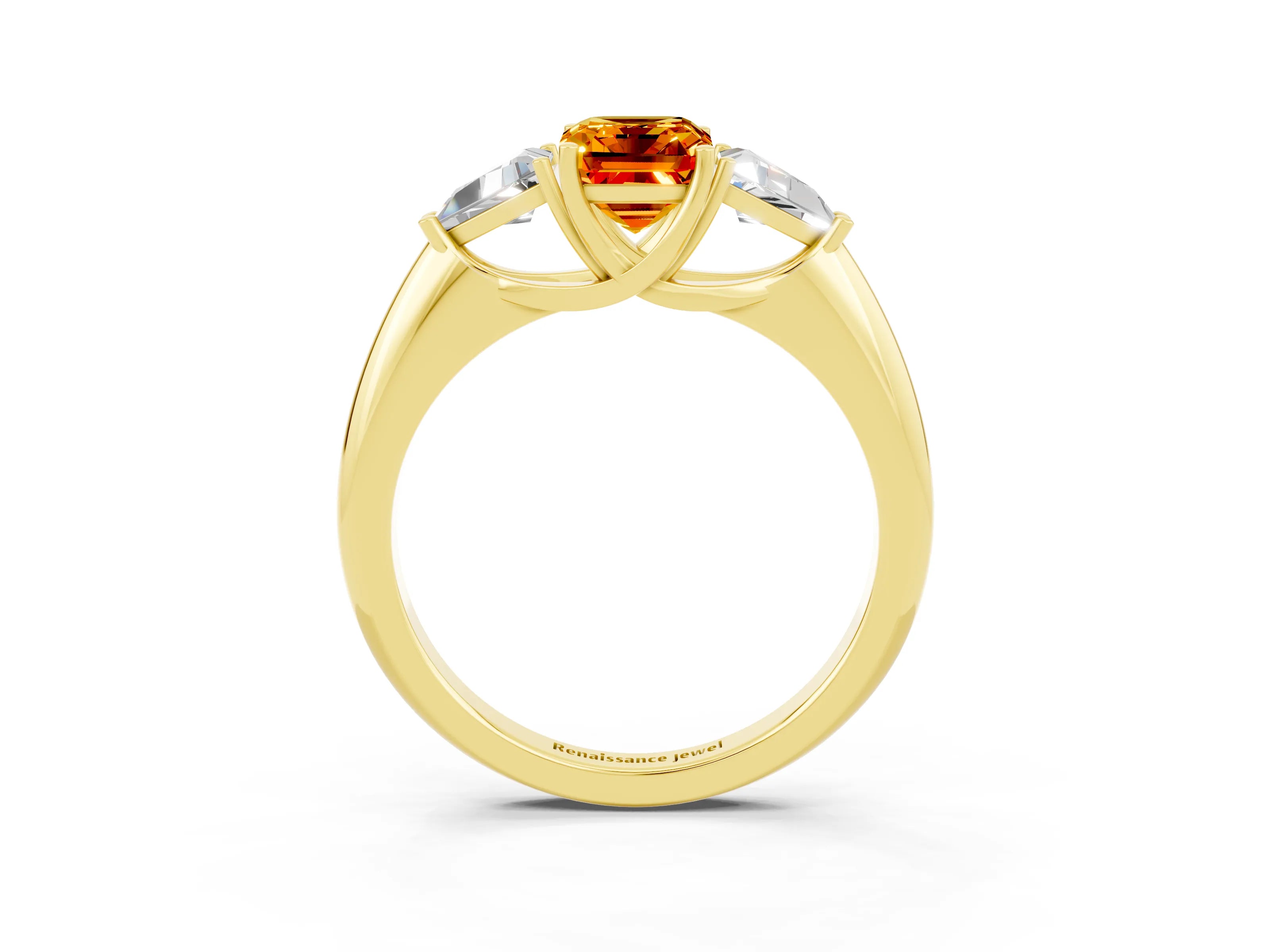 Yellow gold Three-Stone Emerald Cut Cut Diamond Ring with Trillion Side Stones and Four-Prong Setting_3