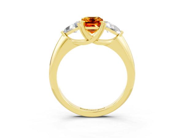 Yellow gold Three-Stone Emerald Cut Citrine Engagement Ring with Trillion Side Stones and Prong Setting