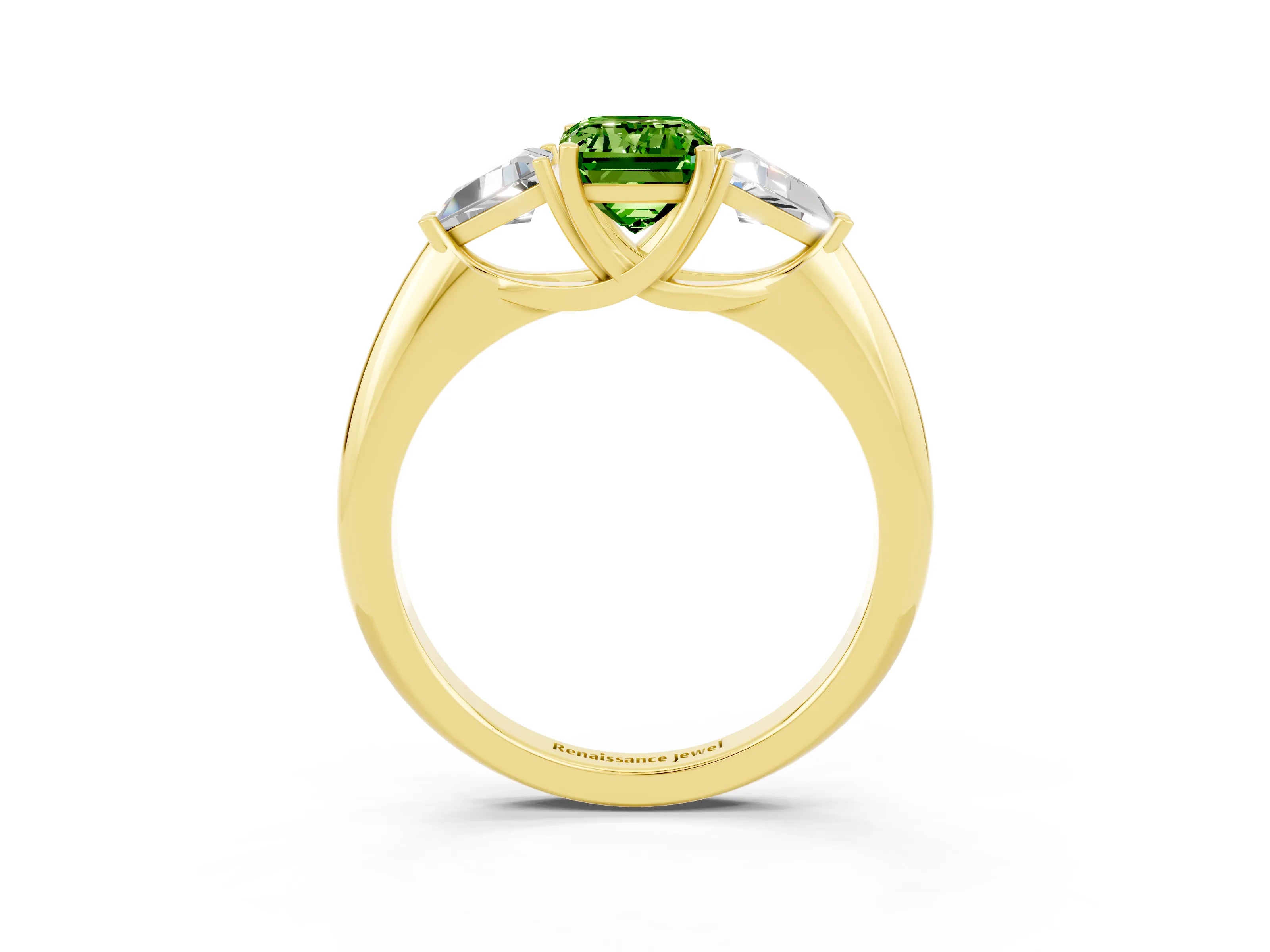 Yellow gold Three-Stone Emerald Cut Cut Diamond Ring with Trillion Side Stones and Four-Prong Setting_3