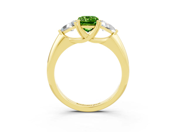 Yellow gold Three-Stone Emerald Cut Cut Diamond Ring with Trillion Side Stones and Four-Prong Setting