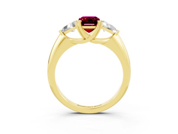 Yellow gold Three-Stone Emerald Cut Garnet Engagement Ring with Trillion Side Stones and Prong Setting