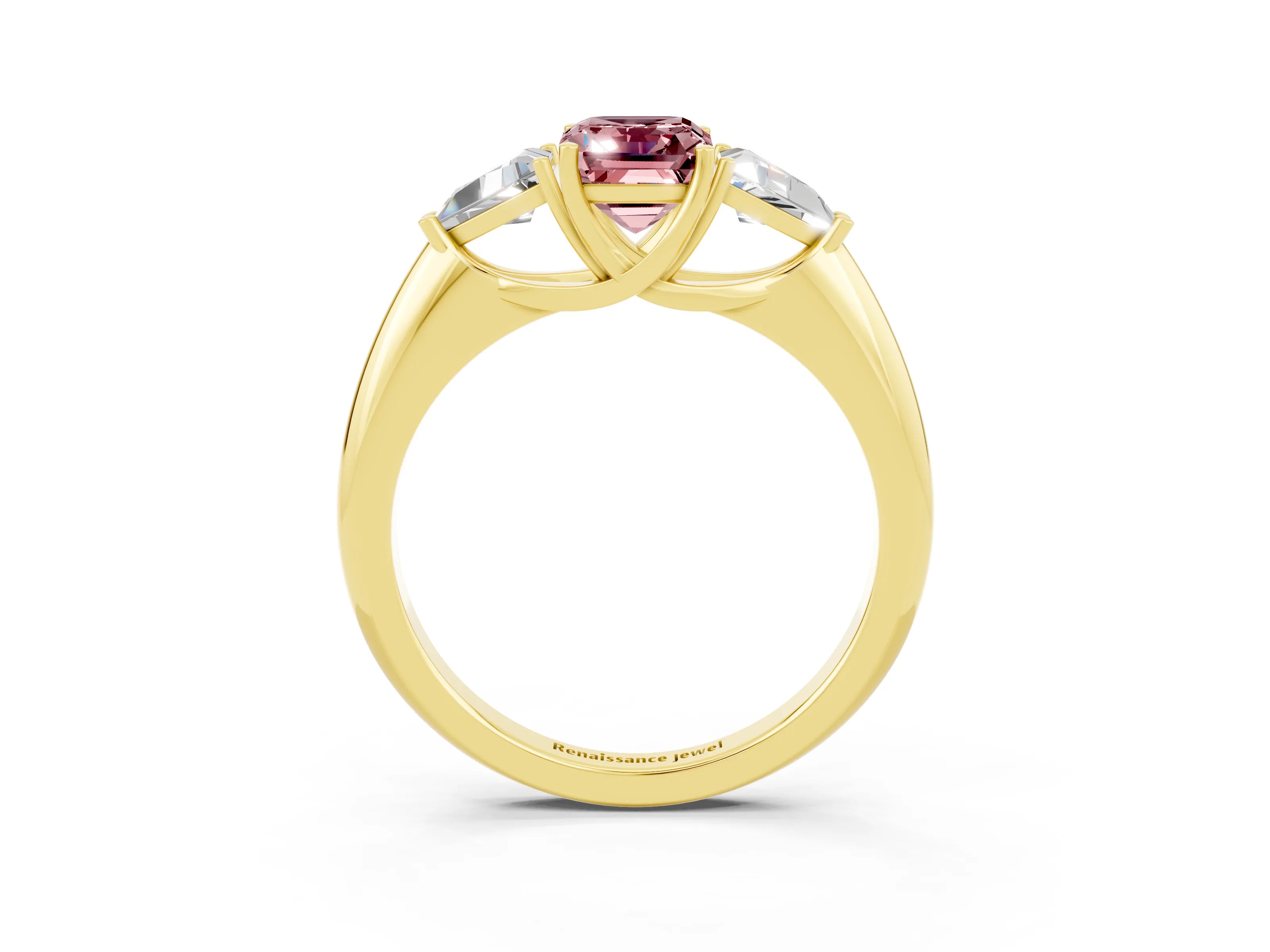 Yellow gold Three-Stone Emerald Cut Cut Diamond Ring with Trillion Side Stones and Four-Prong Setting_3