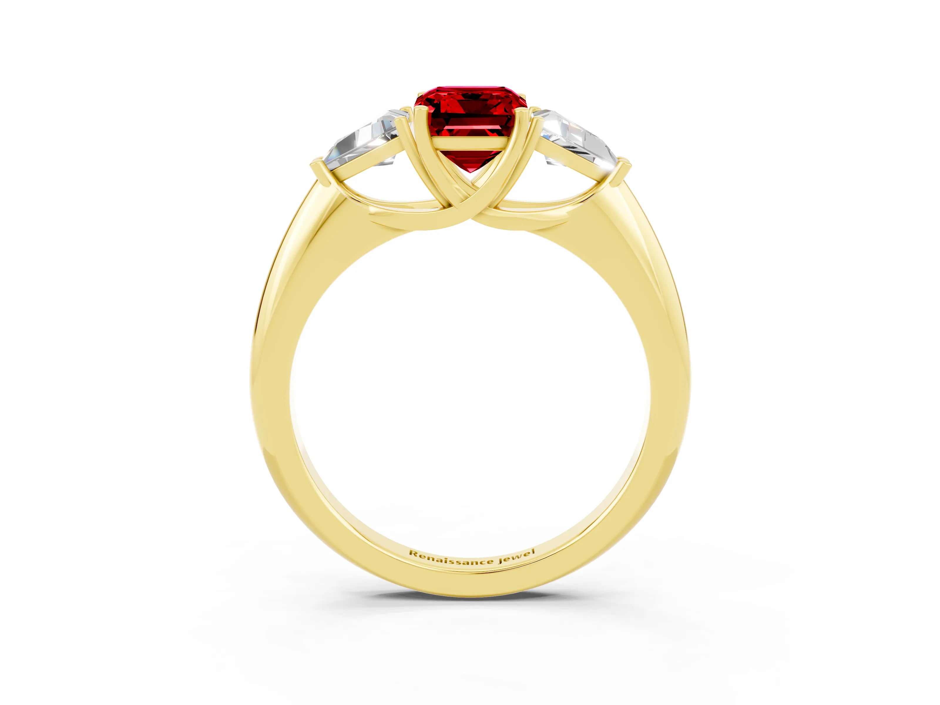 Yellow gold Three-Stone Emerald Cut Cut Diamond Ring with Trillion Side Stones and Four-Prong Setting_3